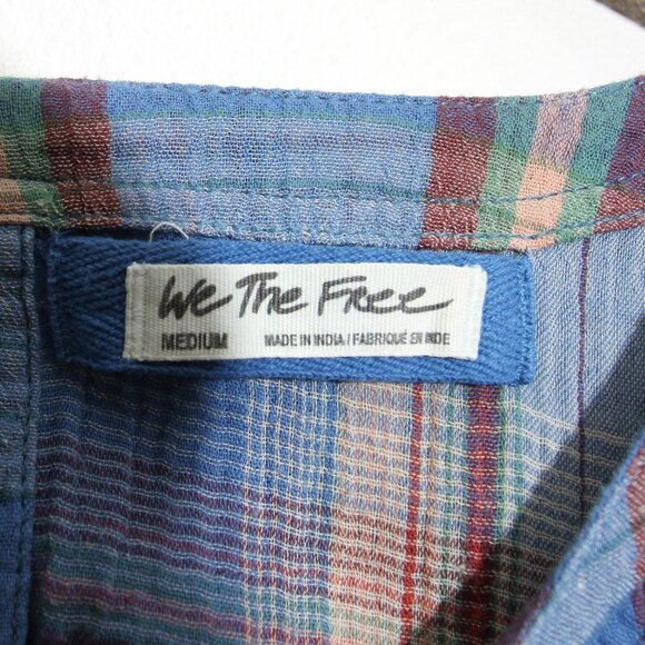 Free People We The Free Blue Combo Moon City Plaid Top Cotton Size Medium - Picture 15 of 16
